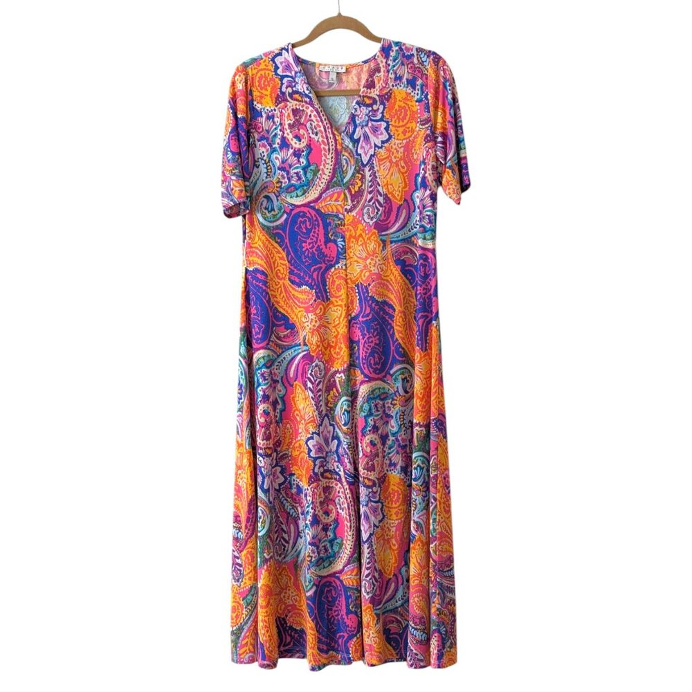 Chaus Sz L Maxi Dress Short Sleeves Lilly Pulitzer Style Boho Retro 70s Hippie